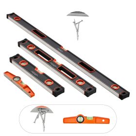 4-Piece Torpedo Level, 48/24/16/10 Inch All Magnetic Levels Set, Fluorescent Light Up Bubble Vials Ruler for 45/90/180 Degree