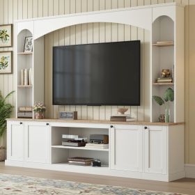 Elegant Arched Entertainment Center Wall Unit With Bookshelf, Farmhouse Large TV Stand With Wood Grain For TVs Up To 70, 91inch Stylish Media Con (Option: White)